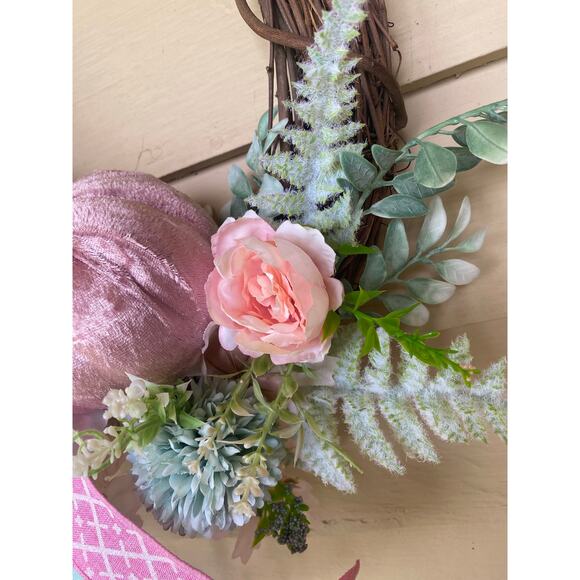 Pink & Mint Green Fall Grapevine Wreath Velvet Pumpkin, Roses, Bow Elegant Decor - Picture 3 of 9
